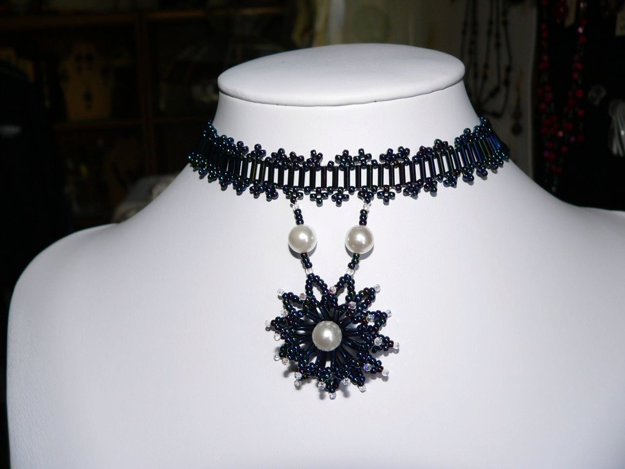 A "Dark Sapphire Flower" Choker Necklace with Swarovski Crystals and Pearls