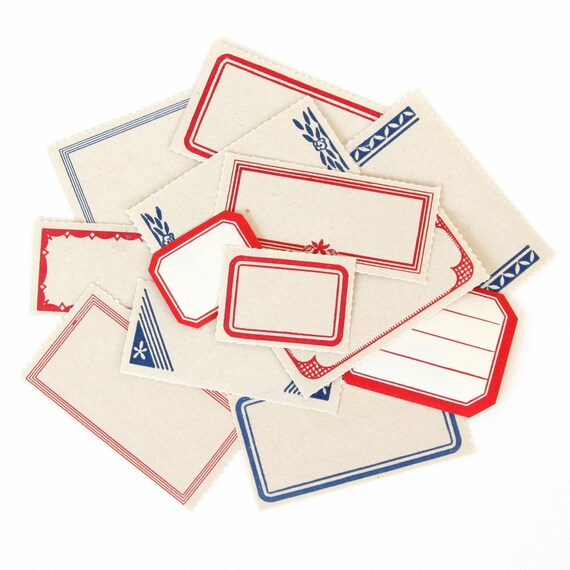 Vintage Red & Blue Gummed Labels - Set of 13