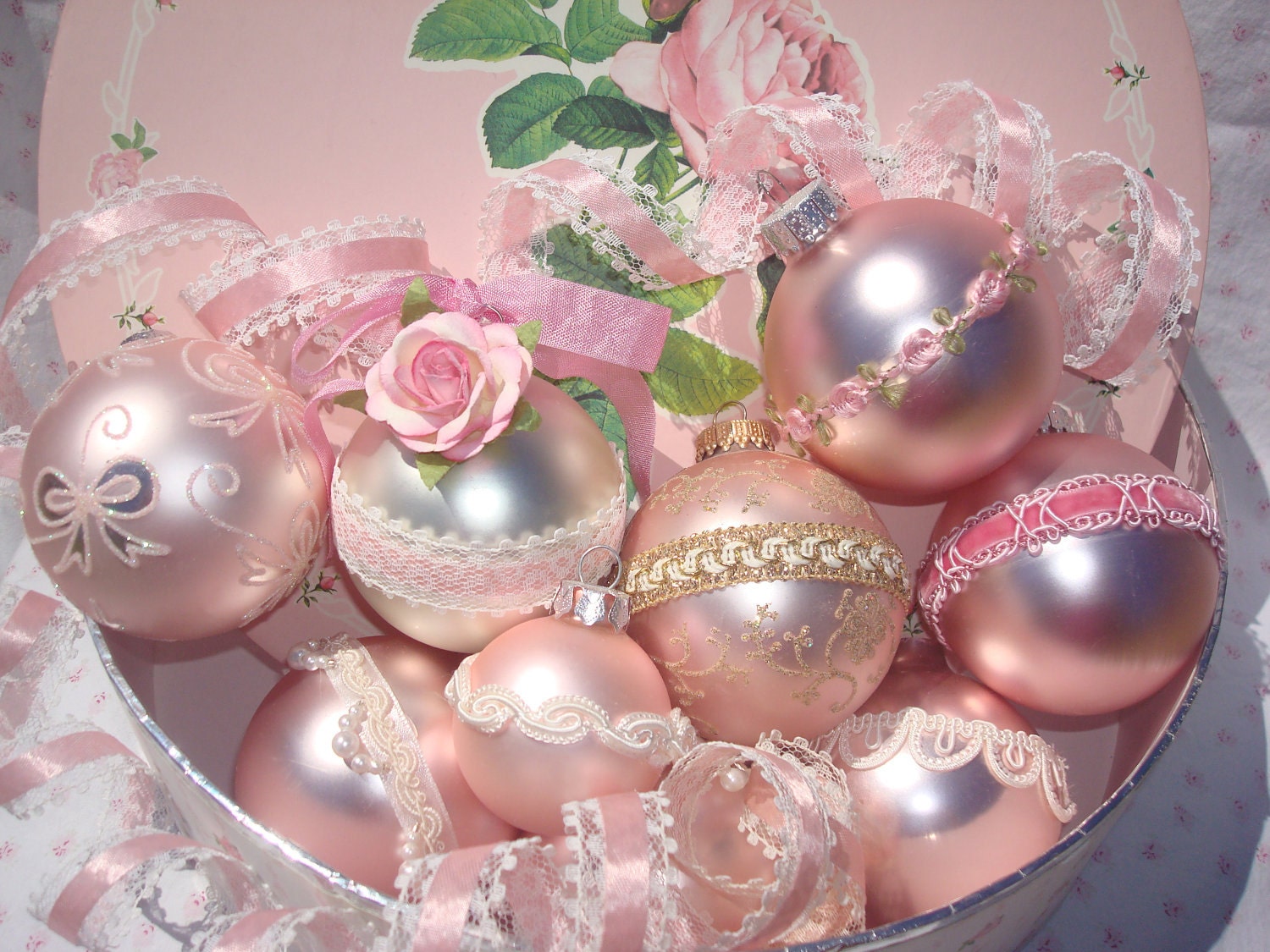 Shabby Chic-Victorian Pink Christmas Bulbs with Ribbon, Lace, Paper Roses-Decorative Hook-Set of 2