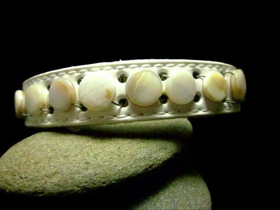 Medium White Leather Pet Collar with Mother of Pearl Beads