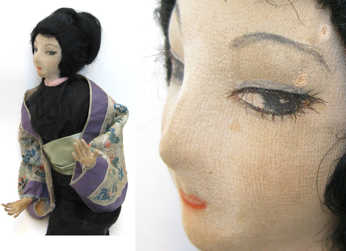 Stunning Antique Asian Silk Boudoir Doll - Unusual Japanese Geisha 1920s Rare Vamp Art Deco Vintage Character Bed Doll Exotic Oriental Lady