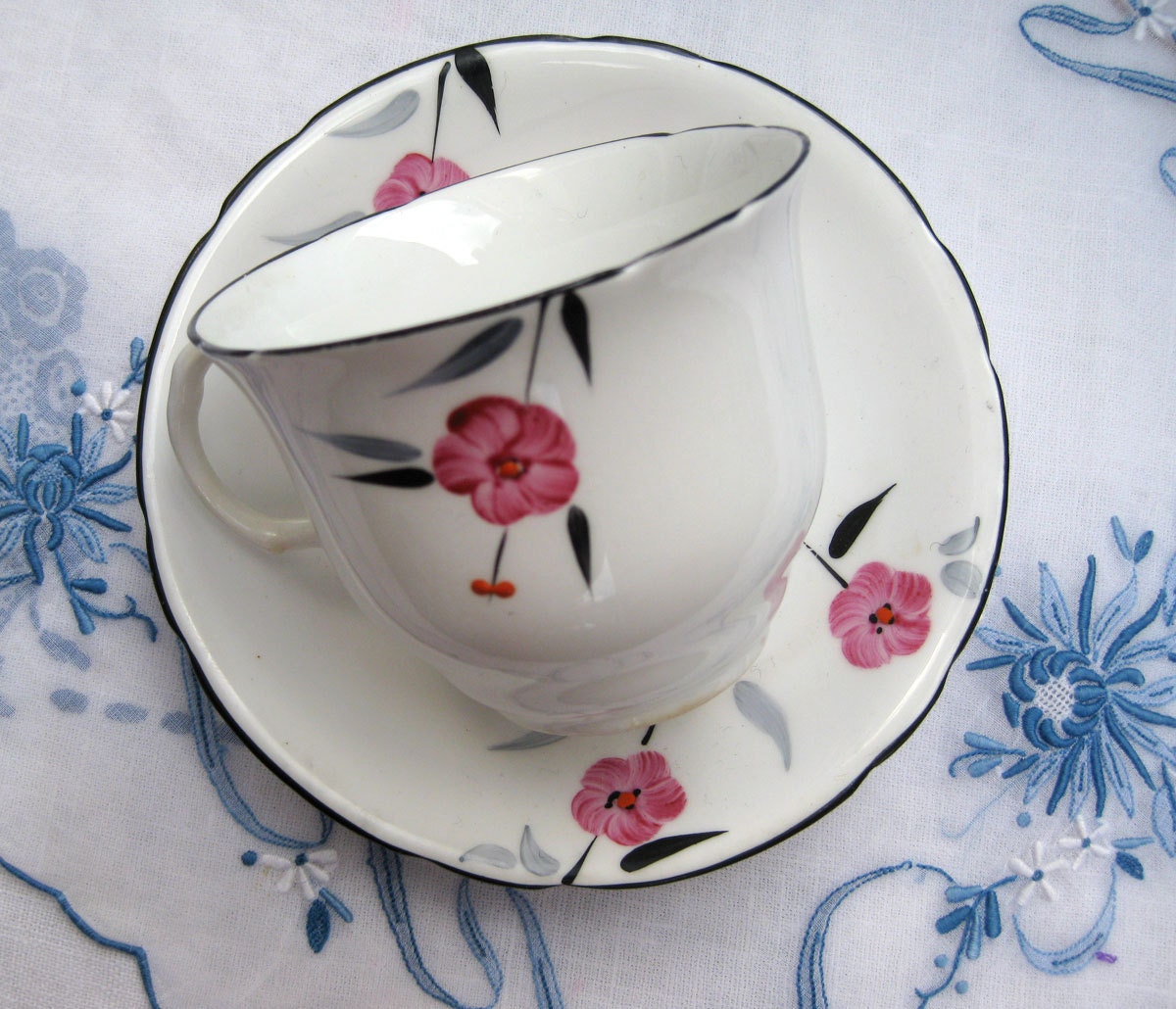Vintage 30s Melba China Teacup & Saucer Art Deco Cherry Blossom - Hand Painted Candy Pink Flower Black Leaf Great Gatsby Asian Sweet Tea Cup