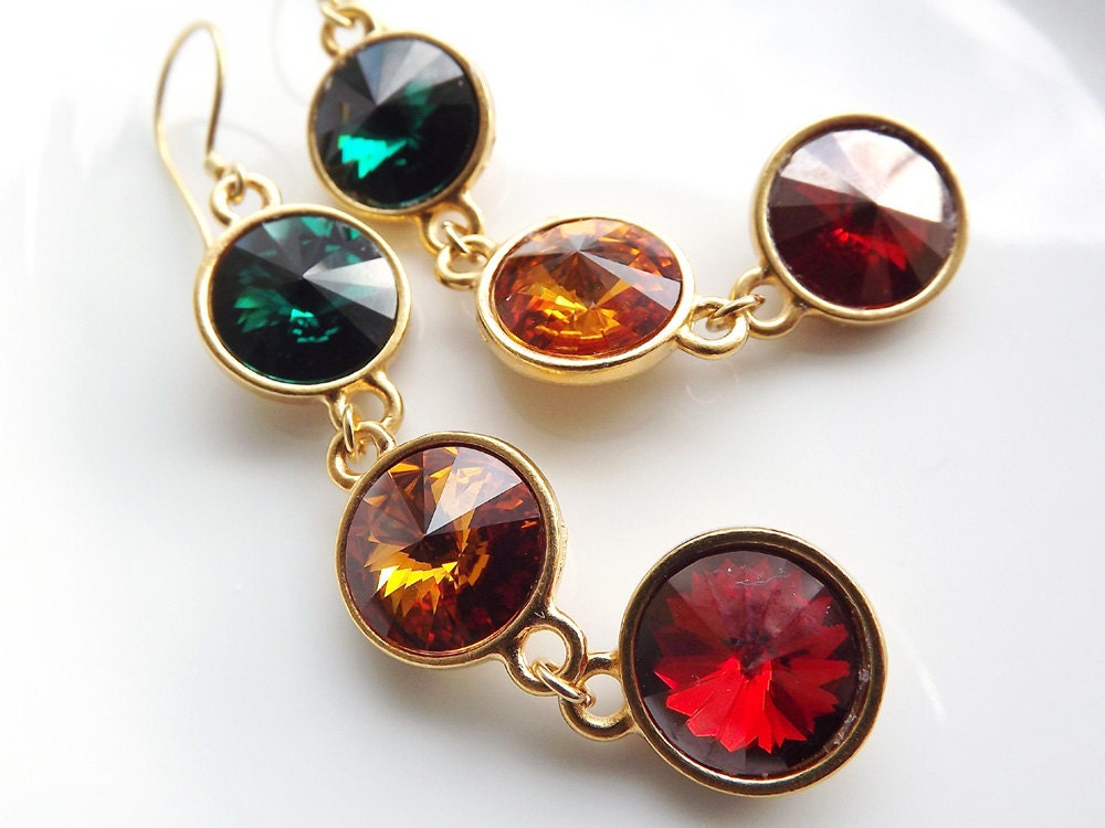 Turkish Delight Sparkly Swarovski Dangly Earrings - Topaz,  Emerald, Crystal Red Magma