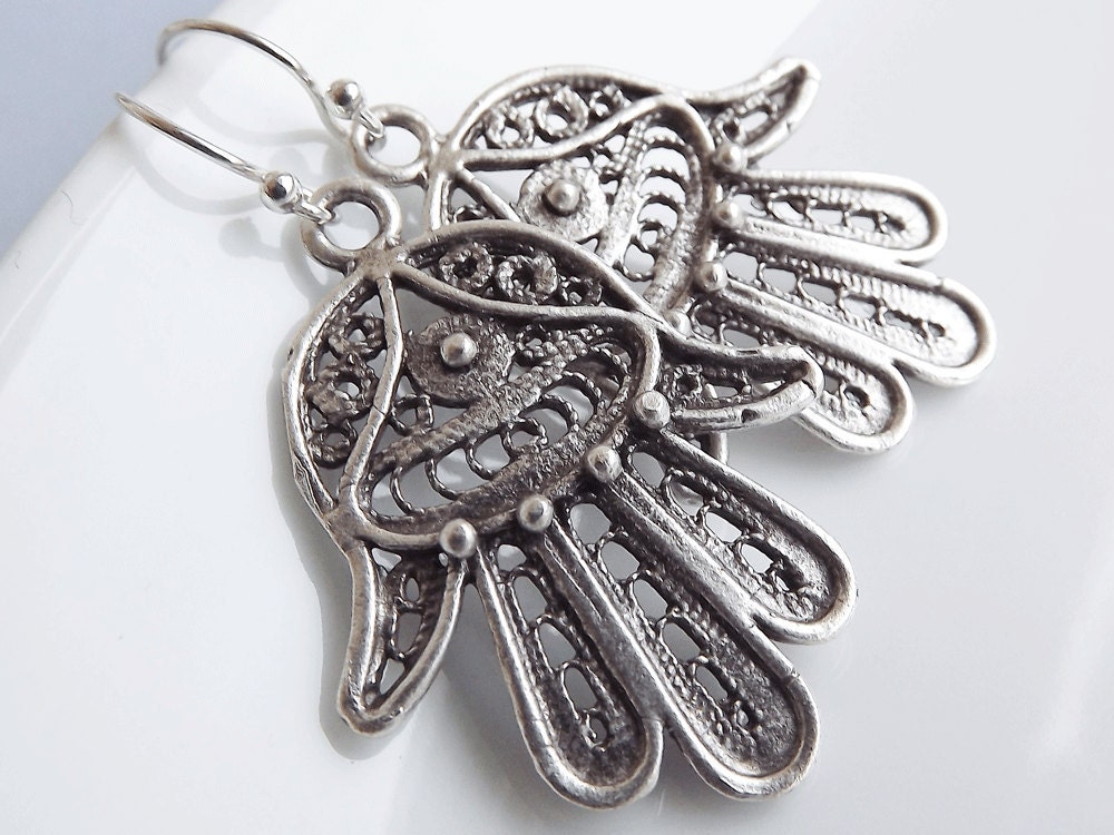 Hamsa Earrings - Hand of Fatima Dangly  - Medium - Sterling silver earwires