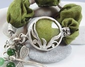 Olive Green Jade & Silk Turkish Bohemian Stacking Bracelet, Dragonfly Charm - Christmas