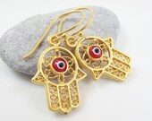 Hamsa - Hand of Fatima Dangly Earrings - Red Lucky & Protective Artisan Glass Evil Eye - Nazar