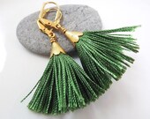Tassel Earrings - Emerald Green - Mini Bohemian Turkish - Gold Plated Lever Back Ear Wires - Summer Fashion