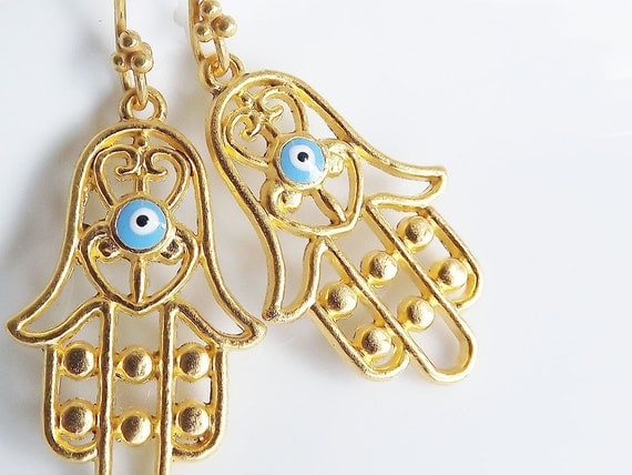 Hamsa - Hand of Fatima Dangly Earrings - Turquoise
