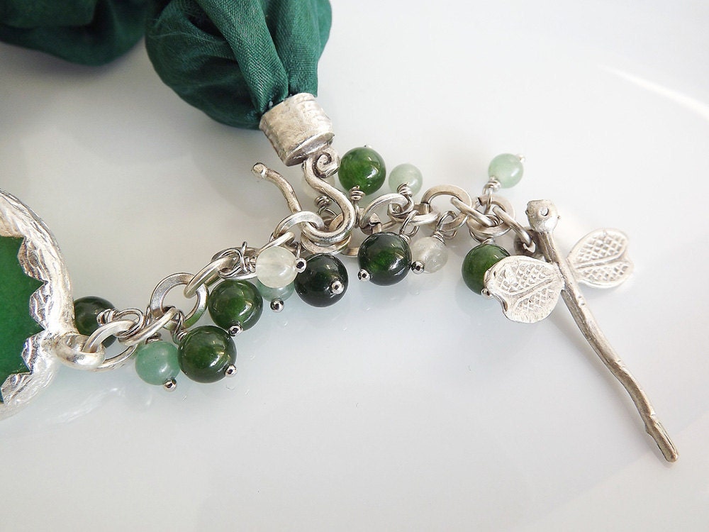 Green Turkish Silk Bracelet - Forest Green Jade / Dragonfly charm
