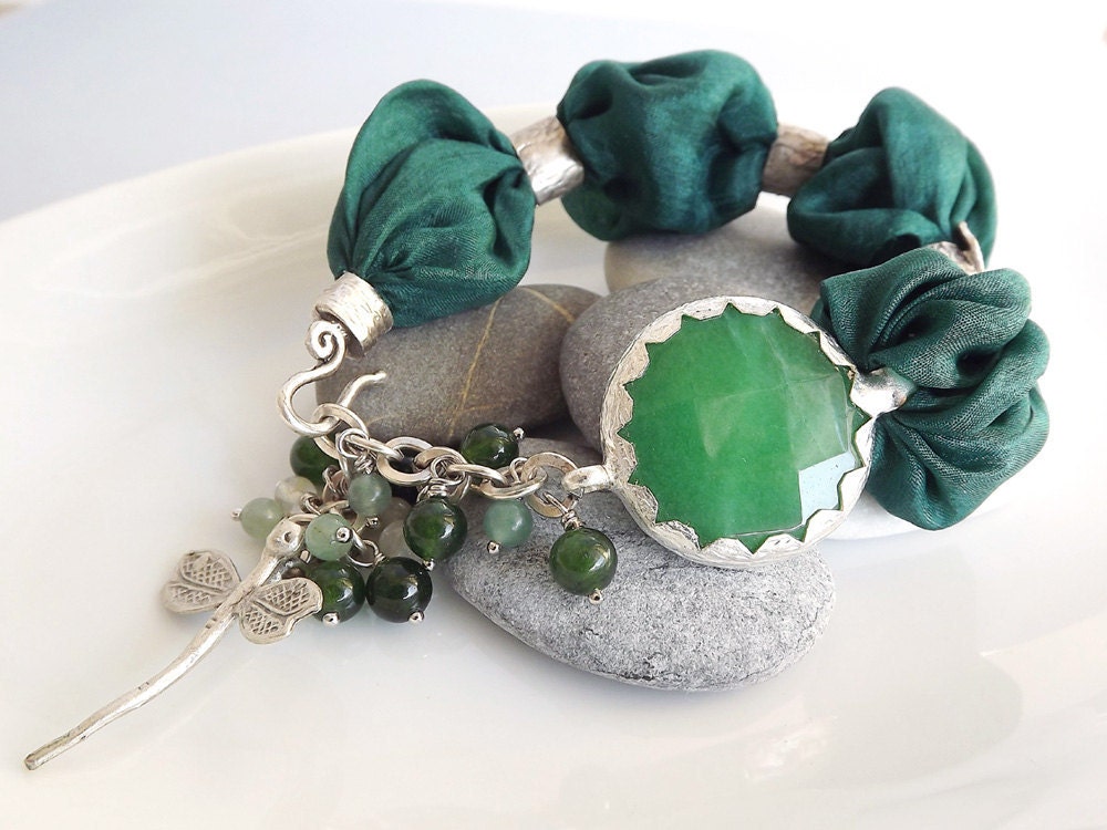 Green Turkish Silk Bracelet - Forest Green Jade / Dragonfly charm
