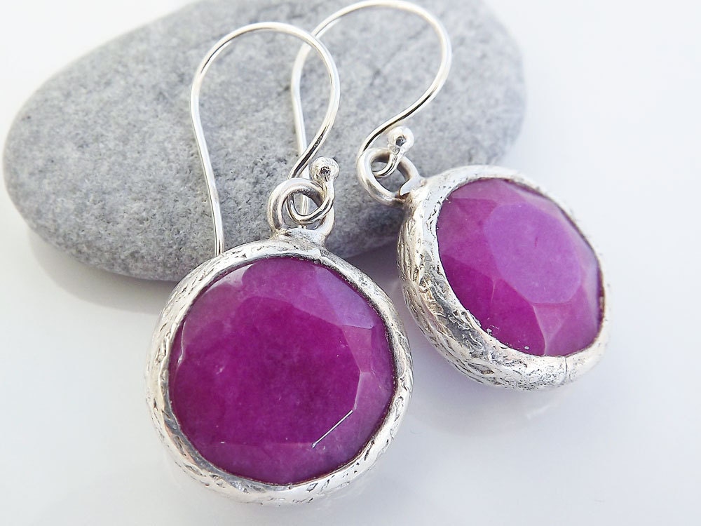 Violet Round Jade Stone Drop Earrings With Sterling Silver Hooks - Spring, Classic - Christmas