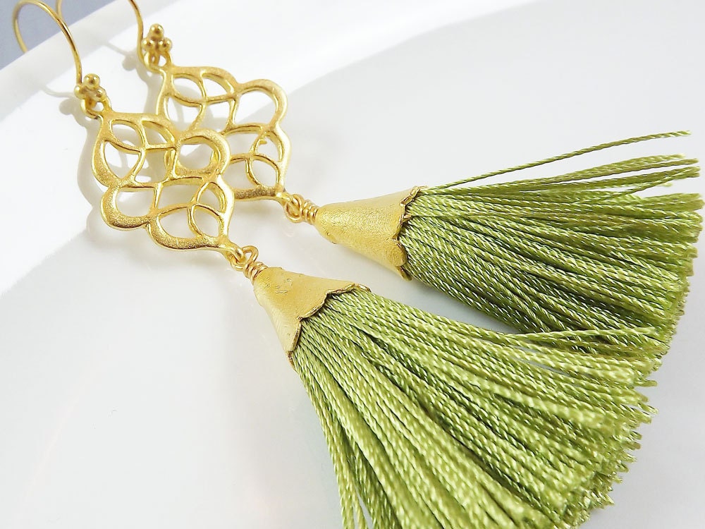 Dangly Swirly Marquise Arabesque Tassel Earrings - Apple Green - Gold