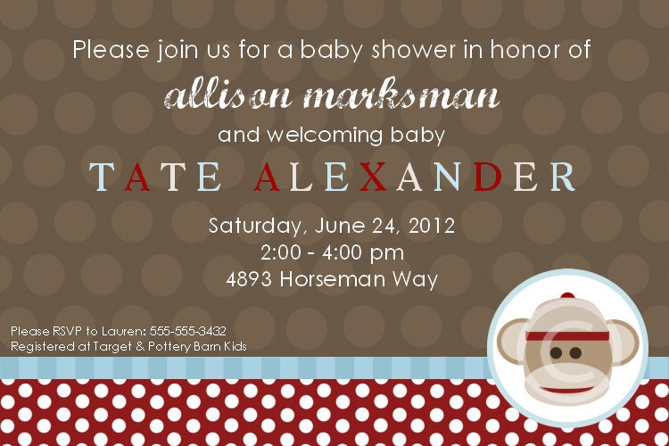 Sock Monkey Printable Invite for Baby Shower or Birthday Party DIY Non Photo Invitation by BeeAndDaisy Il_570xn