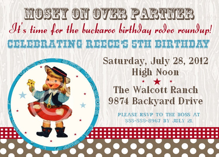 Vintage Buckaroo Cowgirl Invitation for Birthday Party or Baby Shower - Girls DIY Printable Invite by BeeAndDaisy Il_570xn