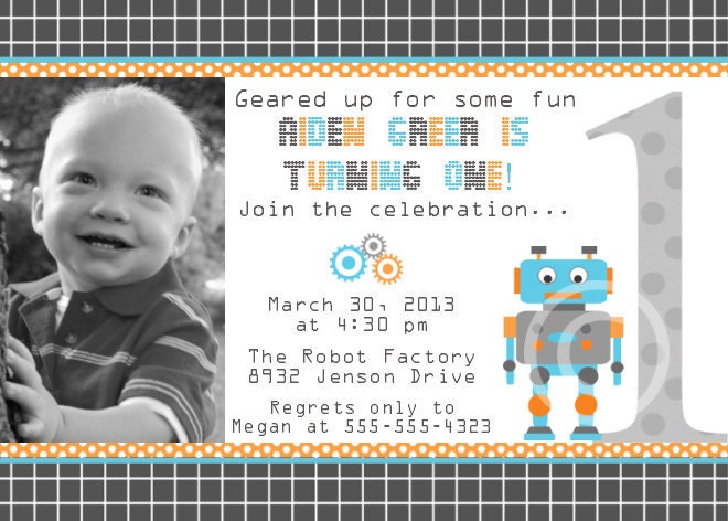 Robot Printable Photo Invitation for Birthday Party or Baby Shower DIY Custom Boys Invite by BeeAndDaisy