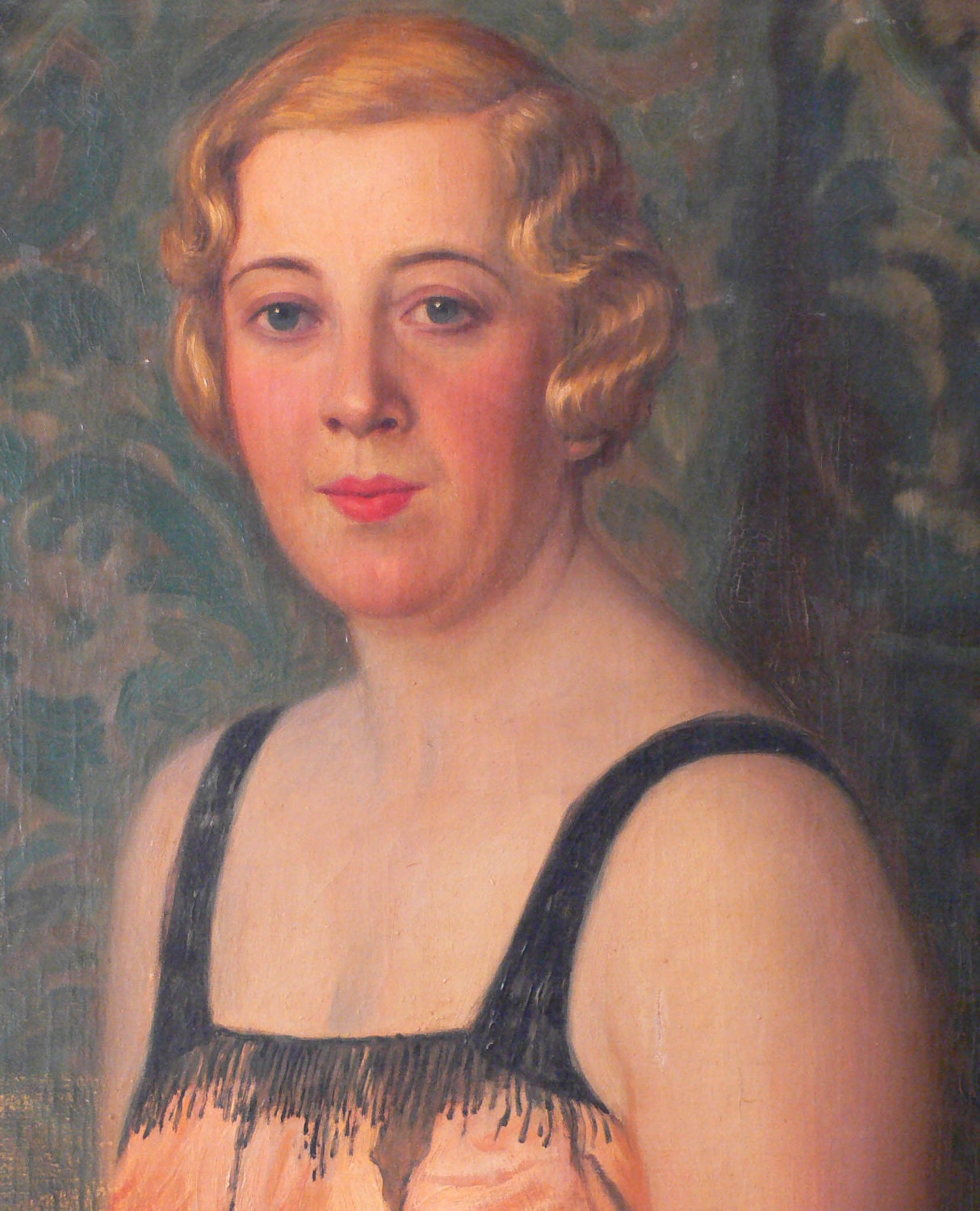SALE - Huge very large 20s framed antique oil painting portrait of elegant 1920s flapper woman