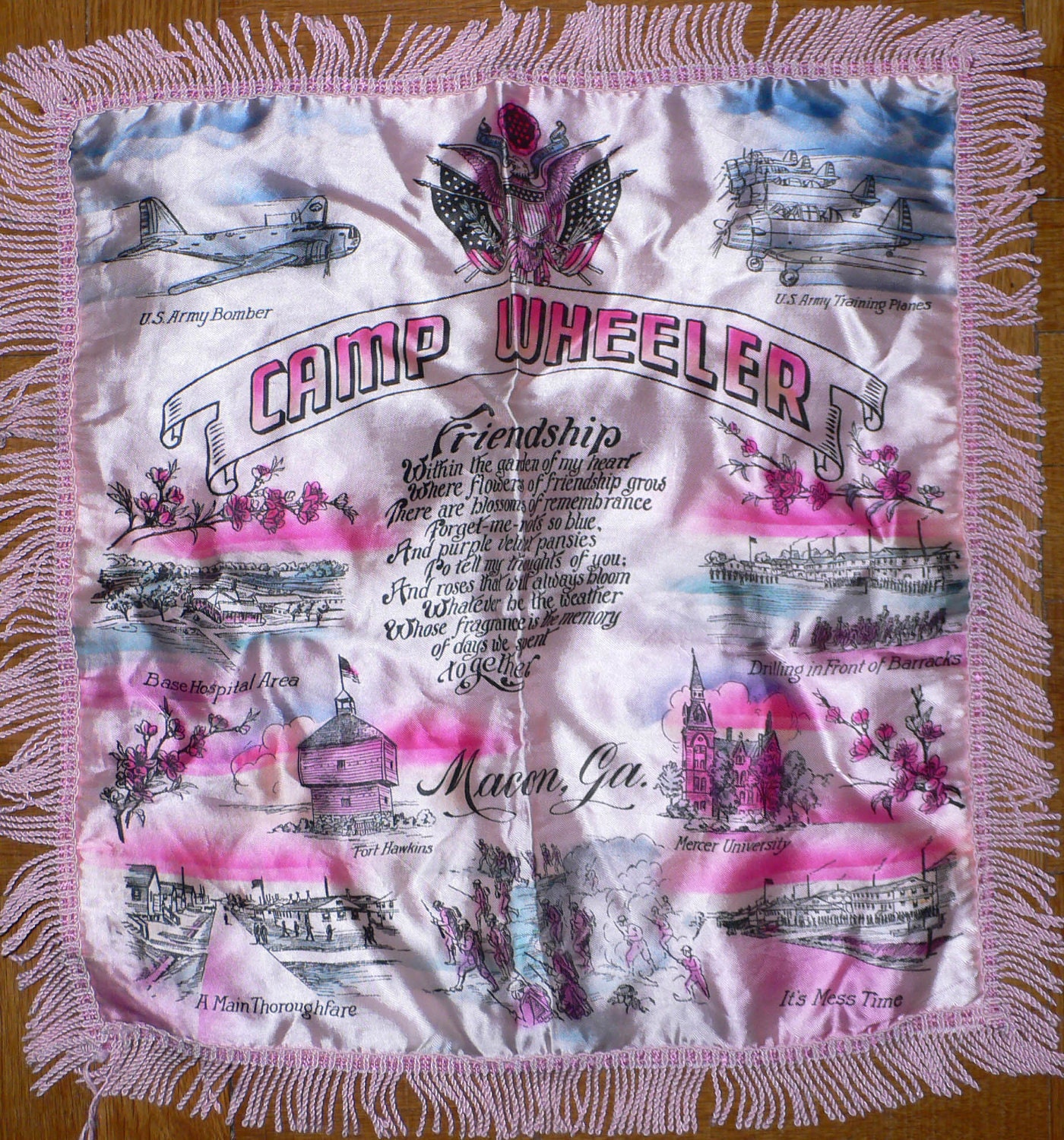 Vintage 40s Souvenir WW II Air Force Pillowcase - Camp Wheeler in Macon, Georgia