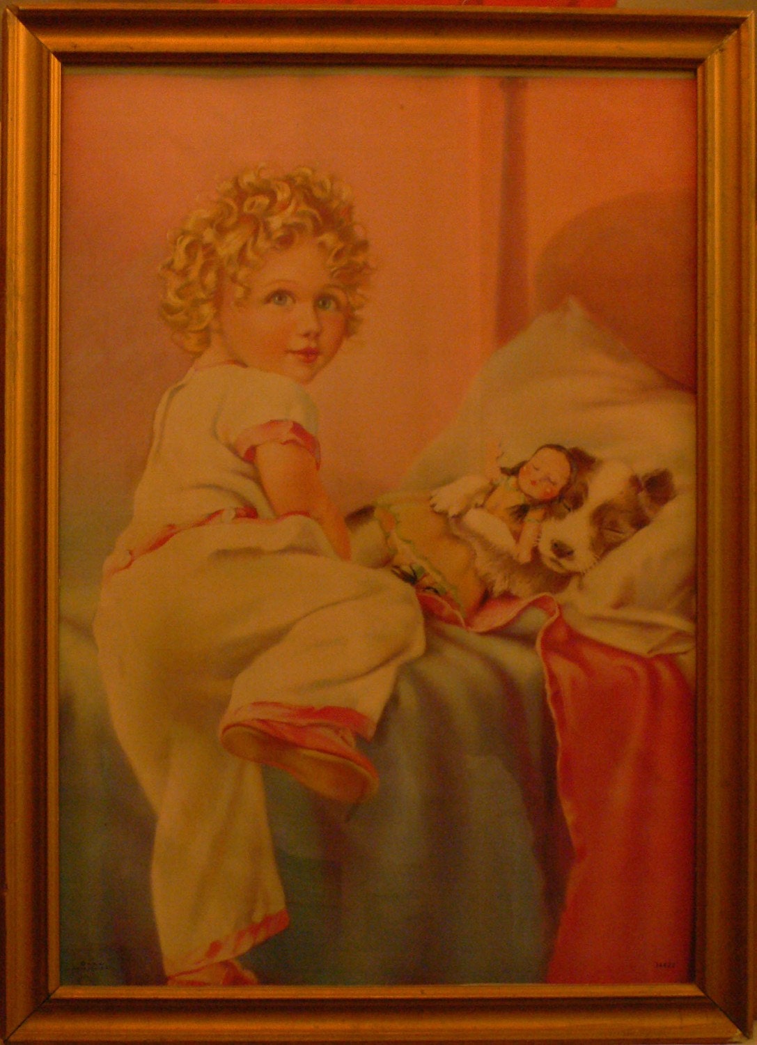 CINDY LOU - Framed antique print of a child and dog 30s or 40s