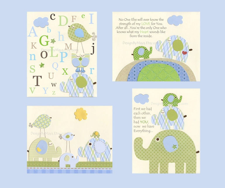 Nursery Art Prints, Kids Wall Decor, Baby Boy Nursery // Eli Elephant Bedding by Pottery Barn // Colors Blue Green // Set of 4 8x10 Prints
