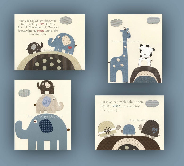 Children Wall Art For Play Room // Set of 4 8x10 Children Art // Match Bradley Bedding by Pottery Barn // Colors: Blue Cream Brown