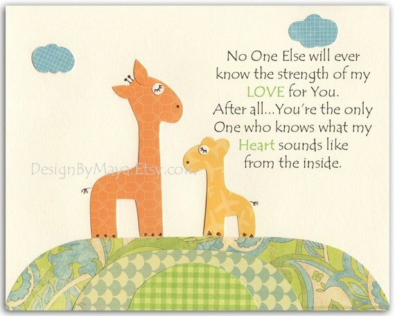 Nursery wall art print, Baby room decor, Giraffe ...No One...the strength of my LOVE For You.......Yellow green and orange