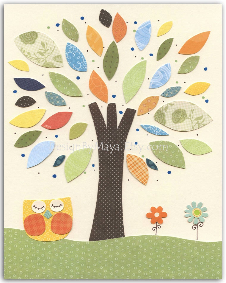 Baby boy, Nursery Art Decor, Kids Print, neutral colors.. tree, baby owl, orange, blue, green and yellow