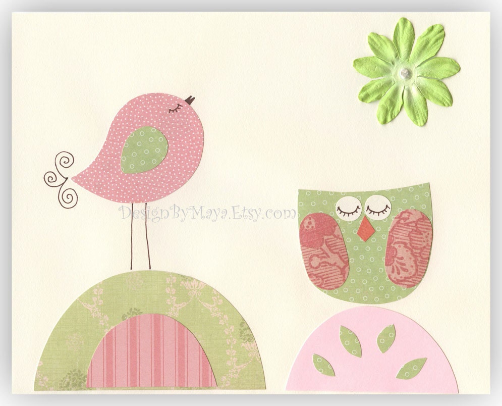 Baby girl Nursery, Children Art print, Owl..Life is Beautiful pink and green