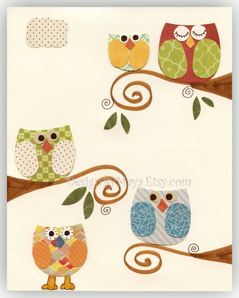 Nursery Wall Art Print..Thinking of you, orange, brown, green nursery, owl theme baby room