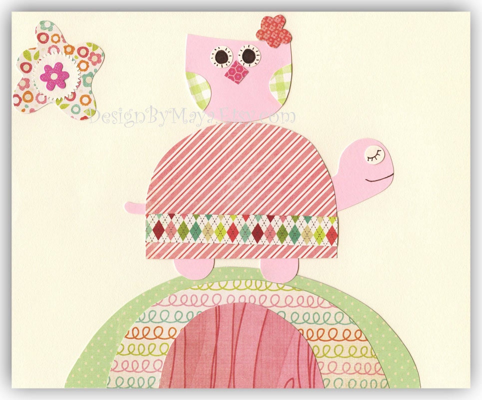 Baby girl Nursery, Children Art print, Owl..Life is Beautiful pink and green