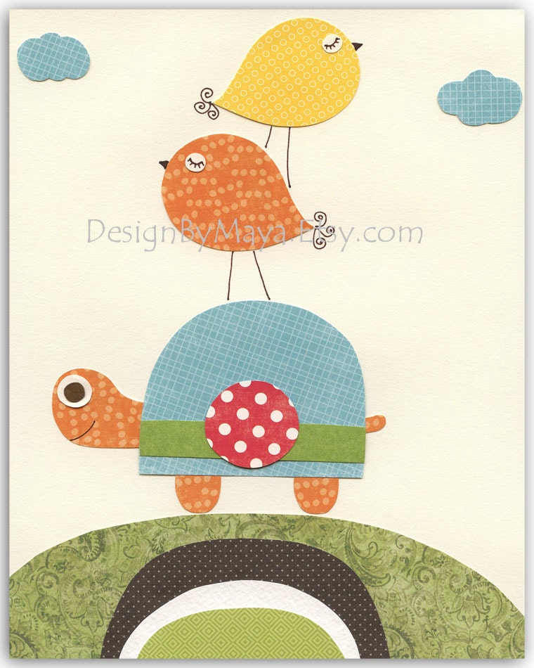 Nursery art prints, Baby Room decor, Nursery Art Decor, Kids Print, turtle, baby birds.. Rainbow series turtle and 2 birds
