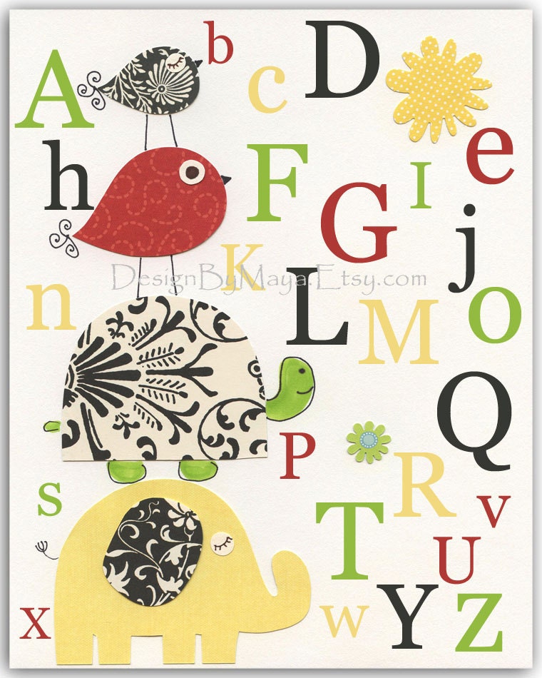 Baby Room art, wall art Decor, Children Art print, green, red, black and white...ABC match to the colors of Starling Bird Fabric by Carousel