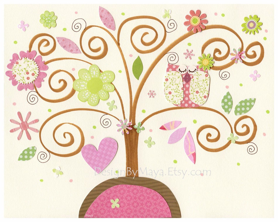 Baby girl Nursery Decor, baby wall art, play room art, baby owl..Love in greens and pinks (baby owl)