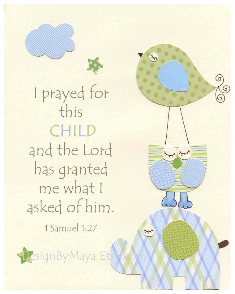 Nursery wall art Decor, Children Art print, Eli elephant...I prayed for this CHILD and the Lord...match to Eli pottery barn