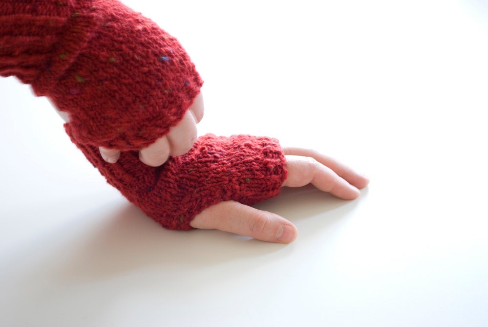 hand knit fingerless gloves - the coffee break hand knit fingerless mittens in tweed red - mix of wool and angora