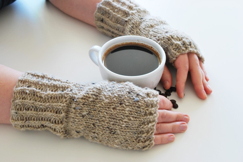 hand knit fingerless gloves - the coffee break hand knit fingerless mittens in tweed beige- mix of wool and angora