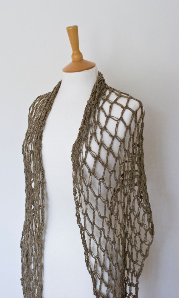 khaki shawl triangle crochet solomon's knot net wrap scarf cotton linen dark green autumn fall delicate for her woodland forest