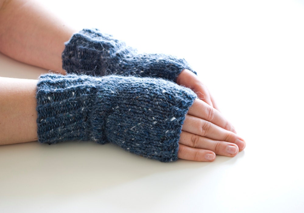 hand knit fingerless gloves - the coffee break hand knit fingerless mittens in tweed blue- mix of wool and angora