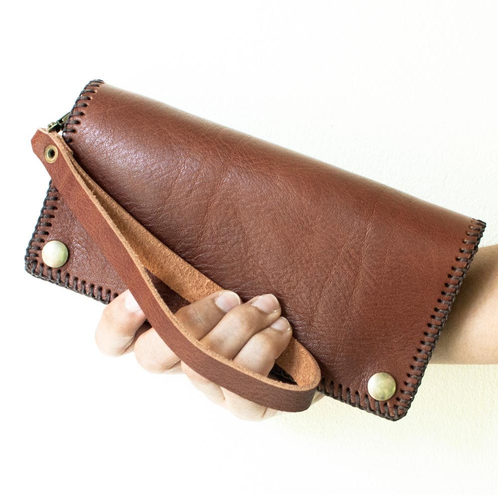 Cyber Monday, Hand Sewn Leather Wallet with Wristlet in Brown