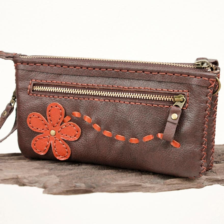 Hand Sewn Leather Purse in Brown with Lovely Orange Flower