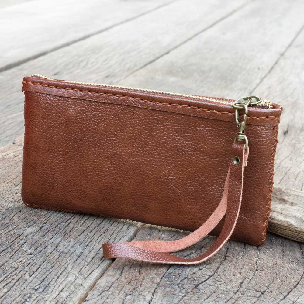 Zipper Leather Pouch with Wristlet Strap in Red Brown