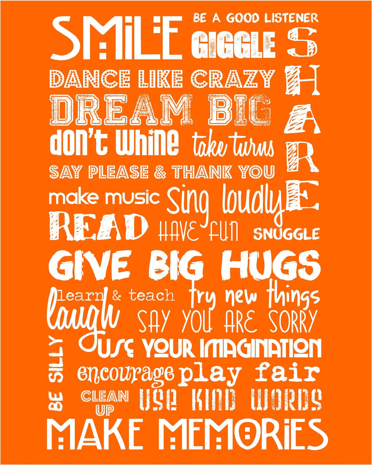 Playroom Rules - Orange and White - 16x20"