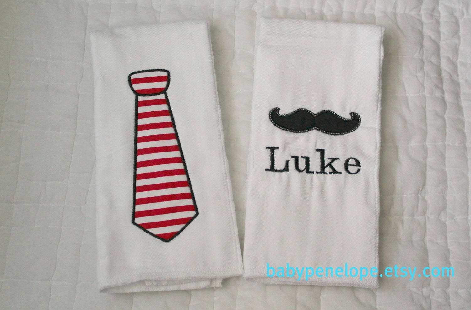 Personalized Boutique Style Baby Burp Cloths - Set of Two - Mustache and Neck Tie