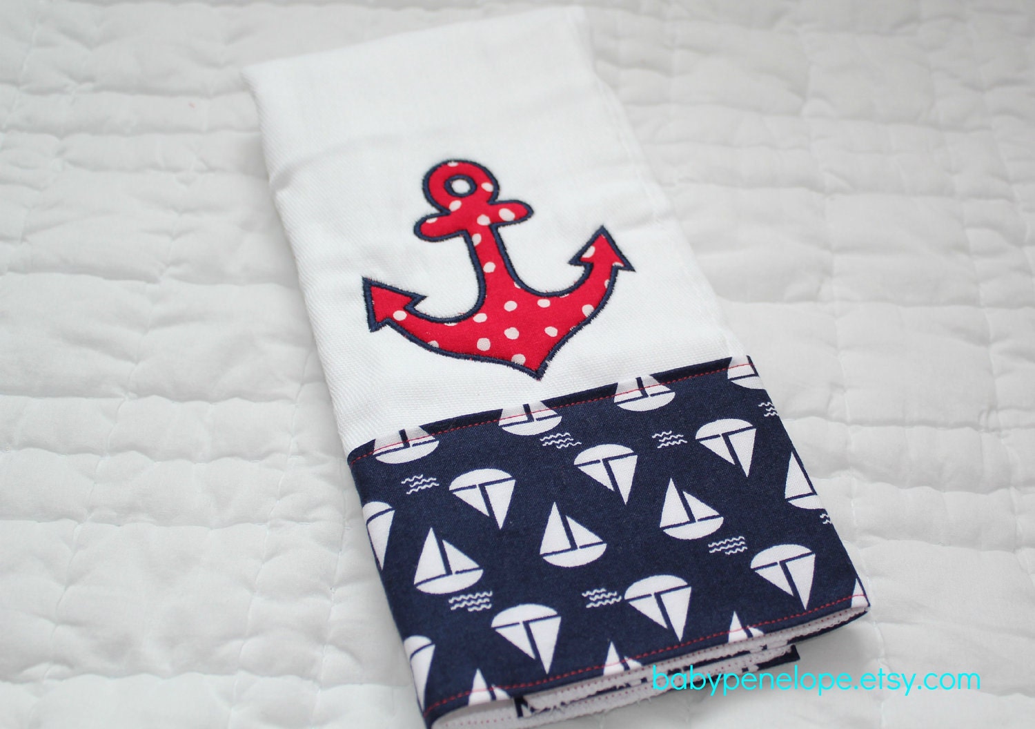 Boutique Style Burp Cloth - Anchor- Sailboats - Navy and Red