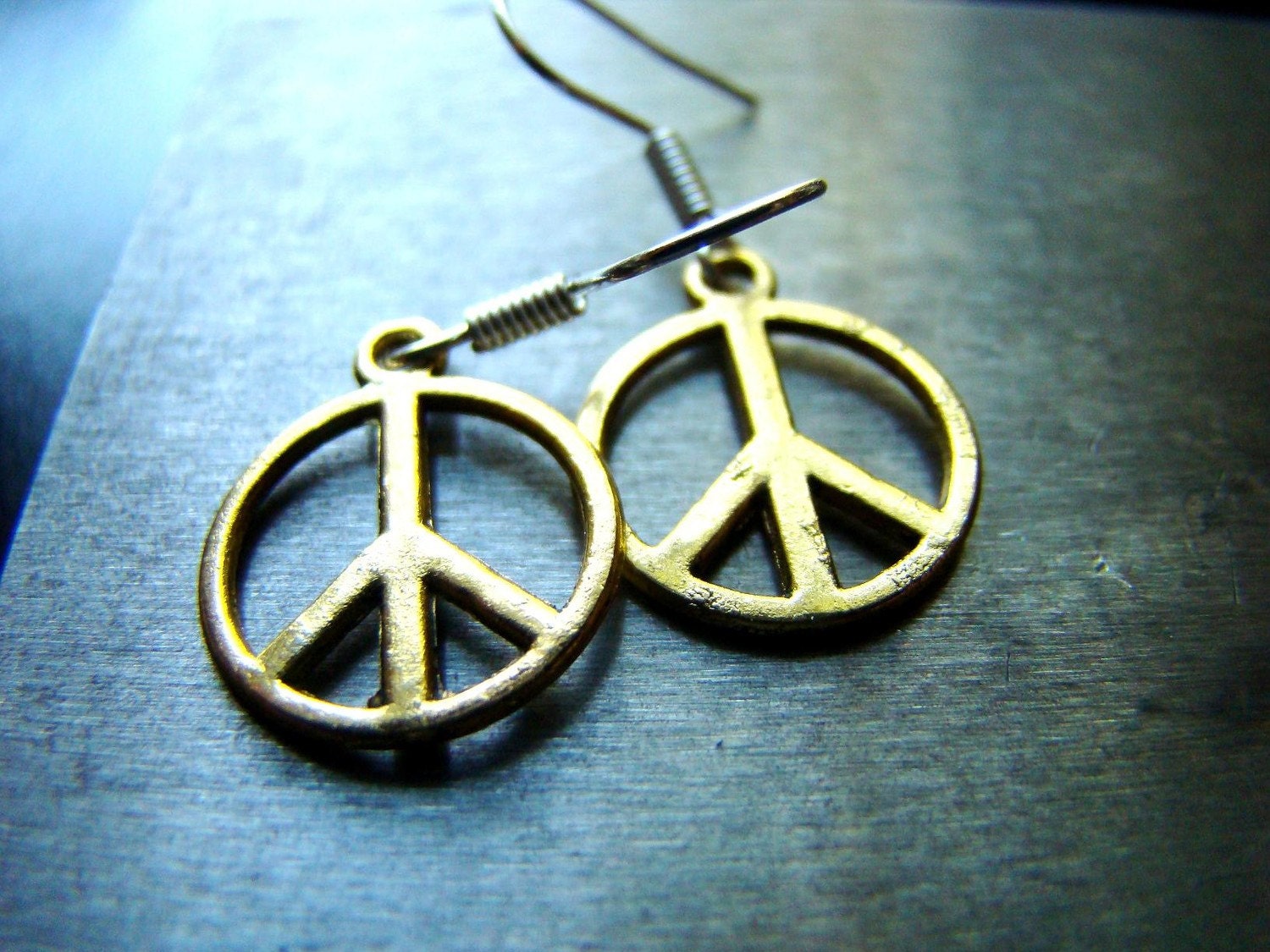 Gold Toned Metal Peace Earrings - Boho Chic Hippie Bohemian Wear