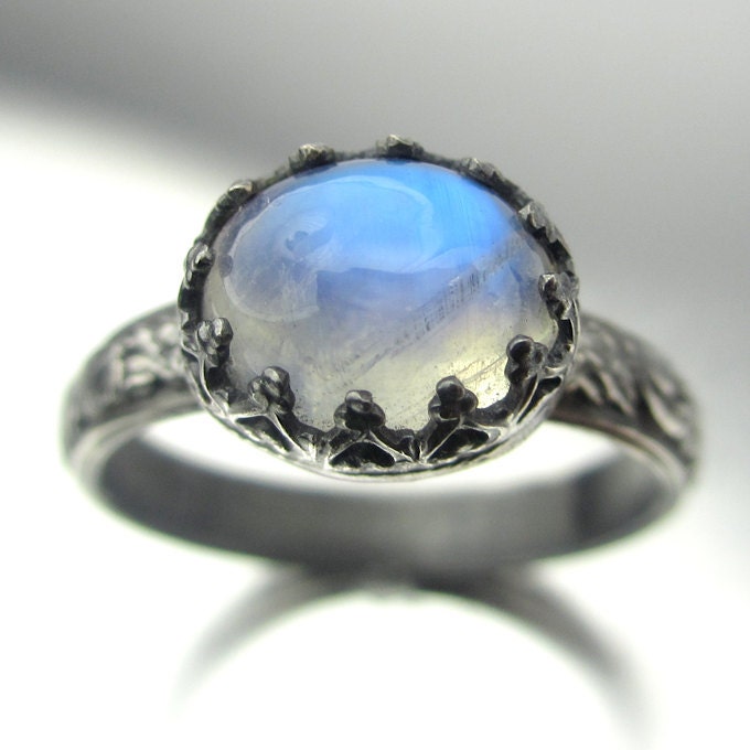 Blue Flash Rainbow Moonstone Ring Sterling Silver