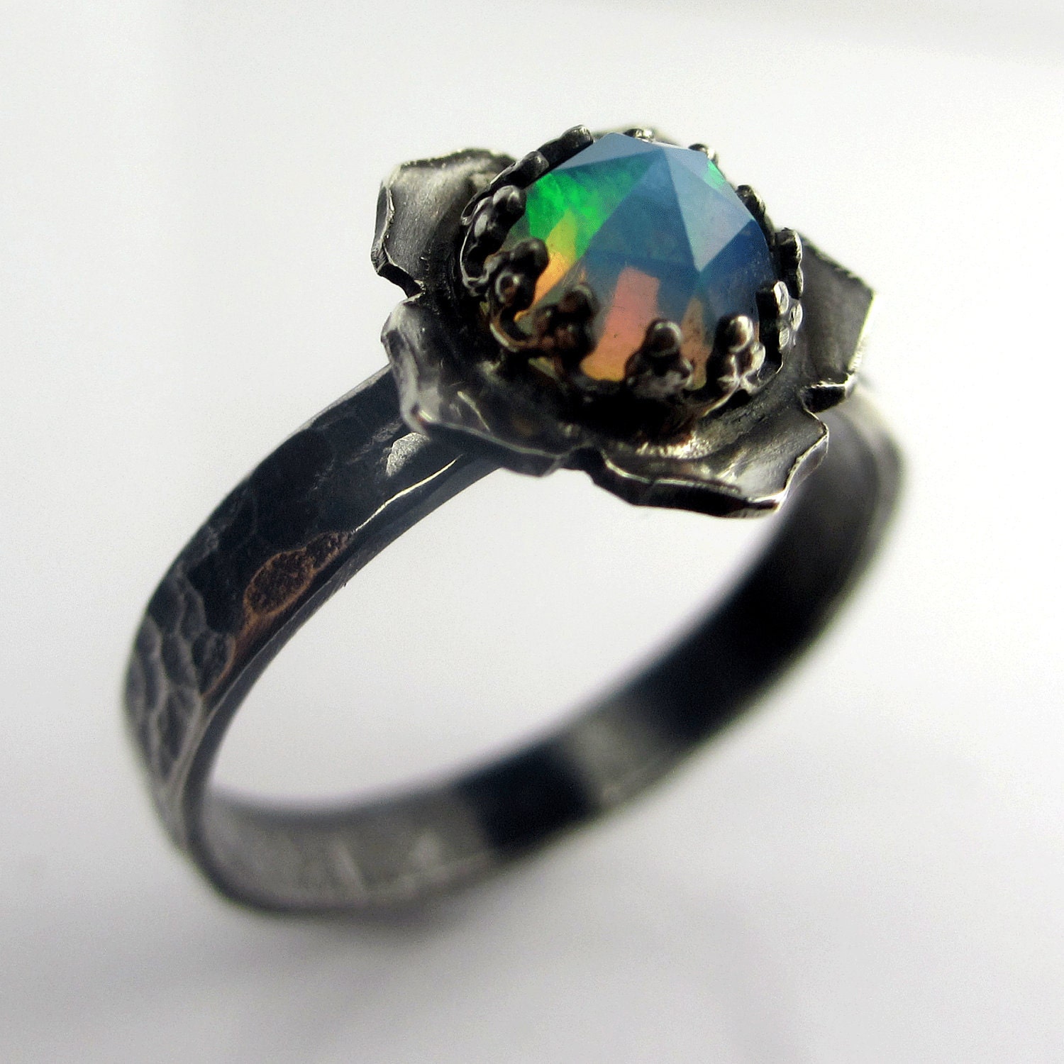Natural Solid Rose Cut Opal Lotus Ring Sterling Silver