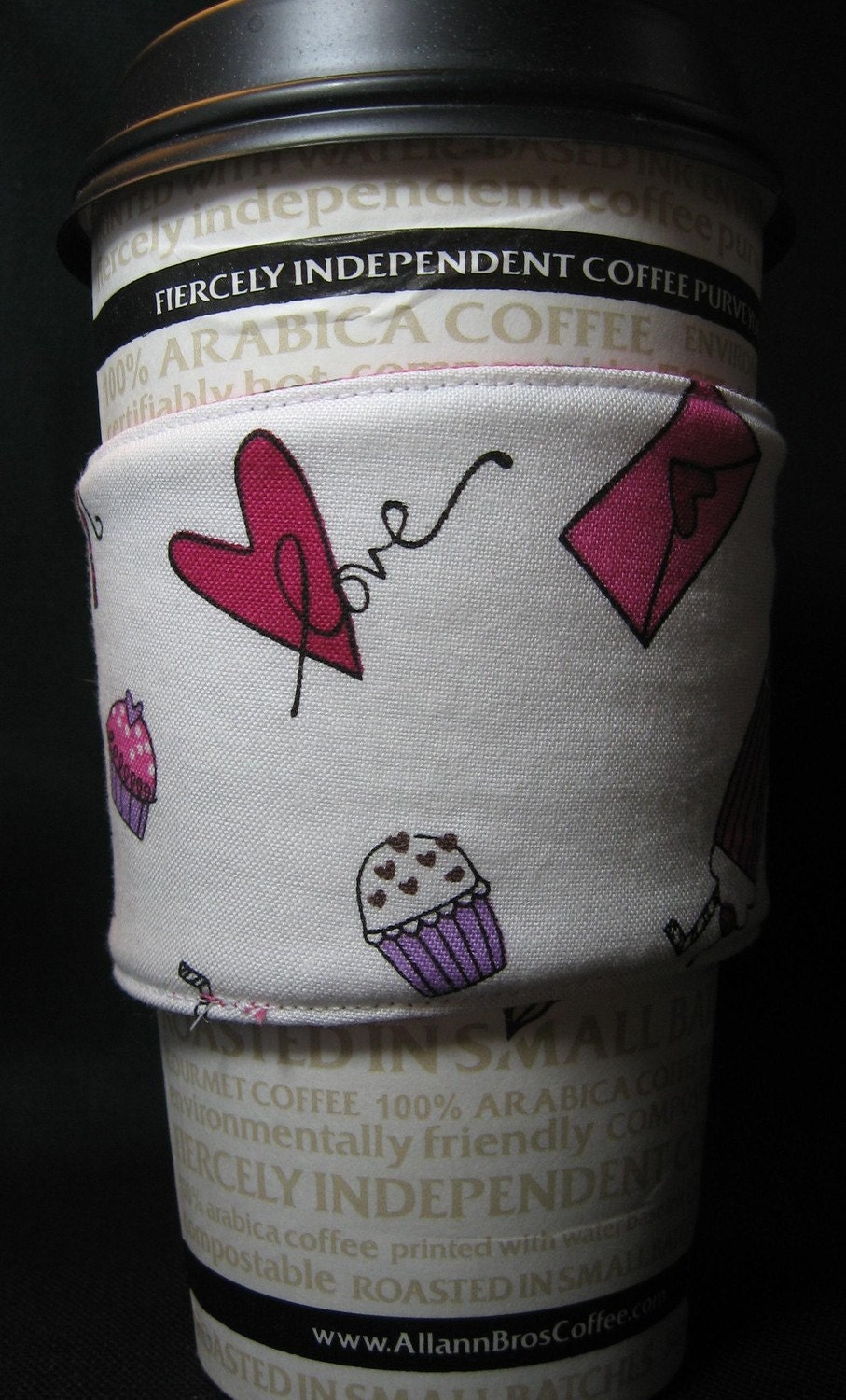 Coffee Cup Cozy white treats with pink bees free shipping