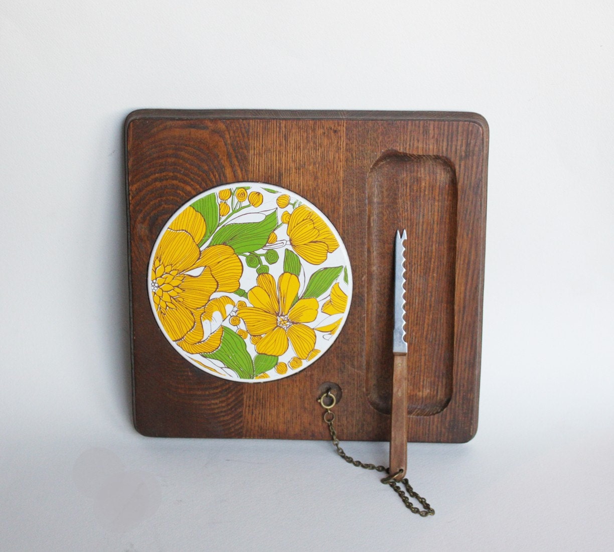 Vintage Cheese Board with Knife on a Chain. Retro Flower Pattern.
