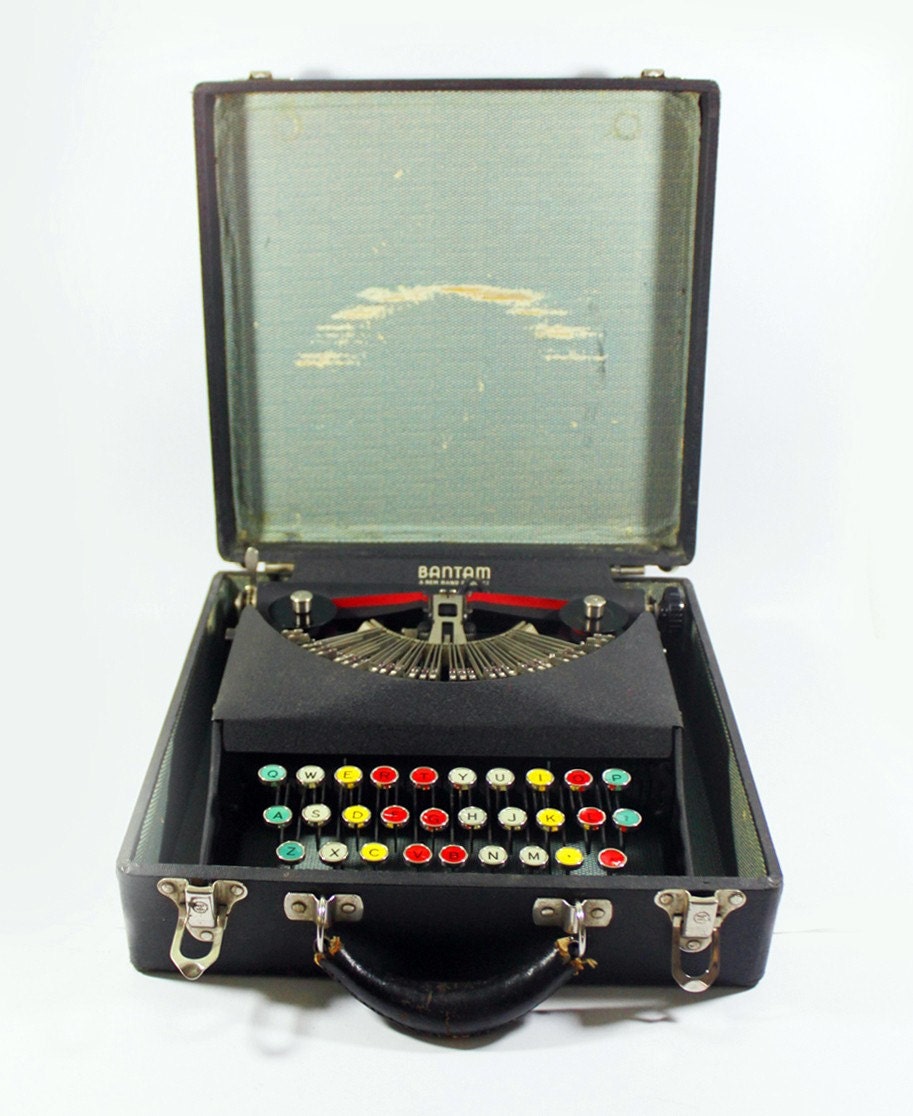 RARE Antique Bantam Manual Typewriter with Colored Glass Keys made by Remington in the Original Case