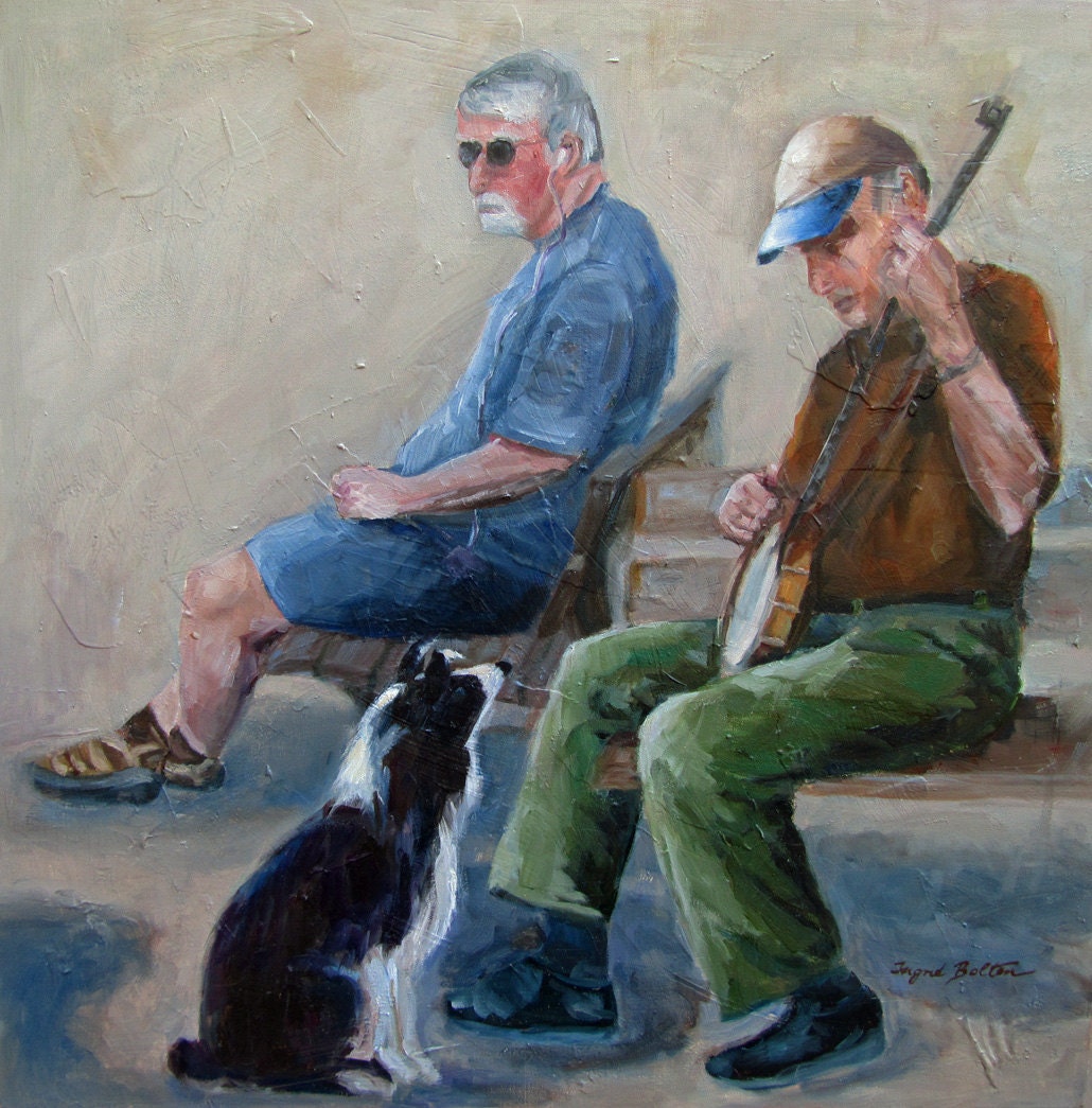 Banjo Man., Banjo Player with Dog, Original Oil Painting, Man with Dog, Music Man, Fine Art Painting,  Musician, gallery wrap, 24x24"